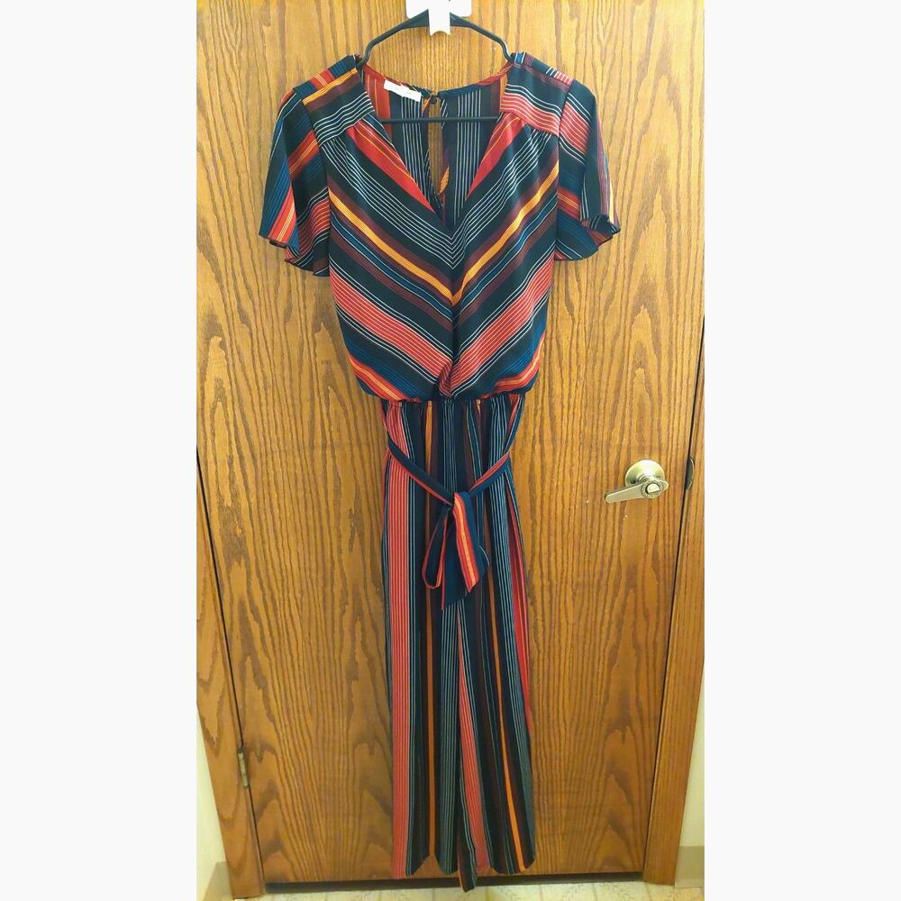 Maurices Womens XS Striped Wide Leg Jumpsuit Tie Waist Rust Ivory